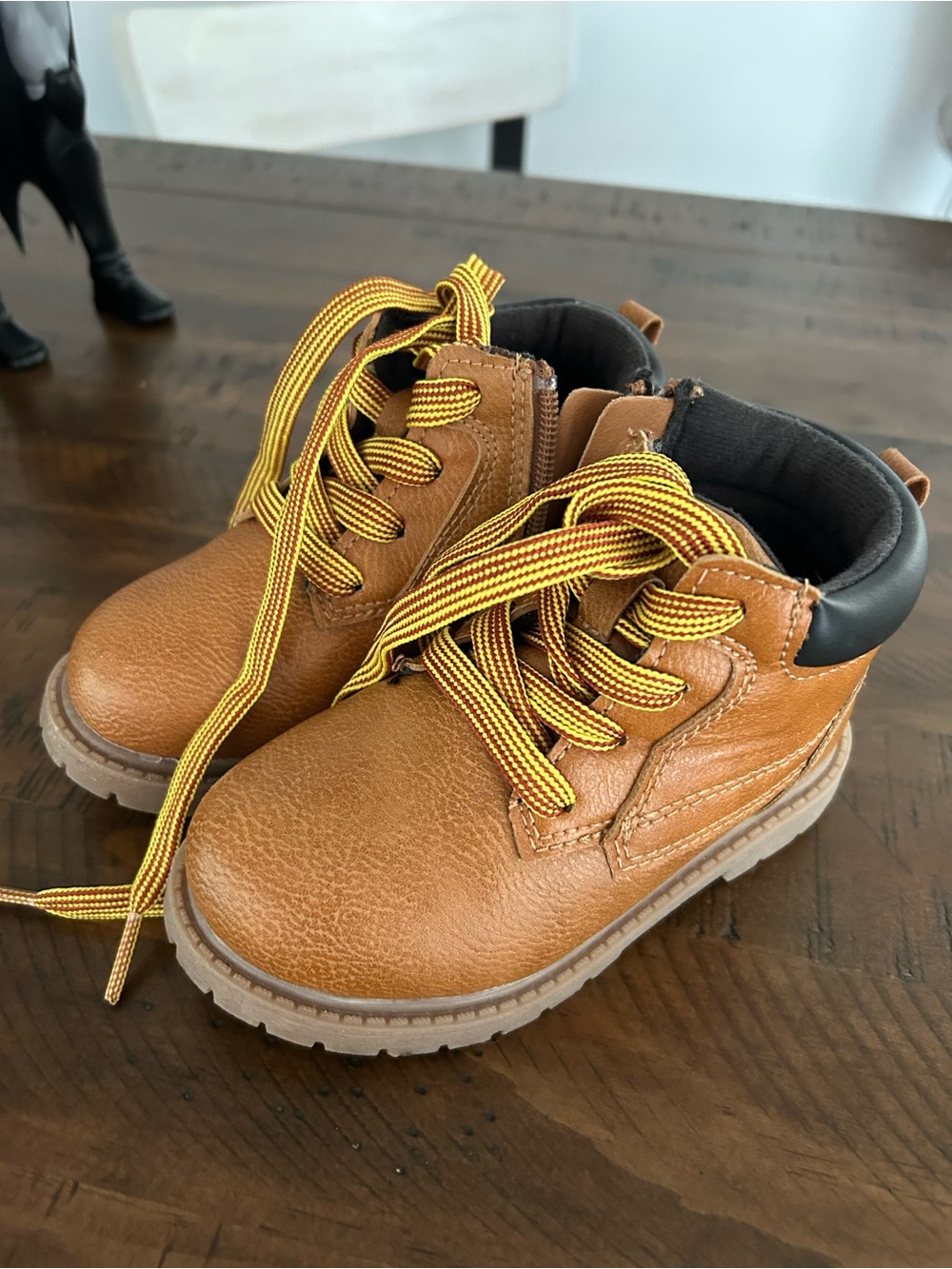 Carter's Tan Brown Lace-Up Kids Boots with Yellow-Striped Laces Toddler Size 8